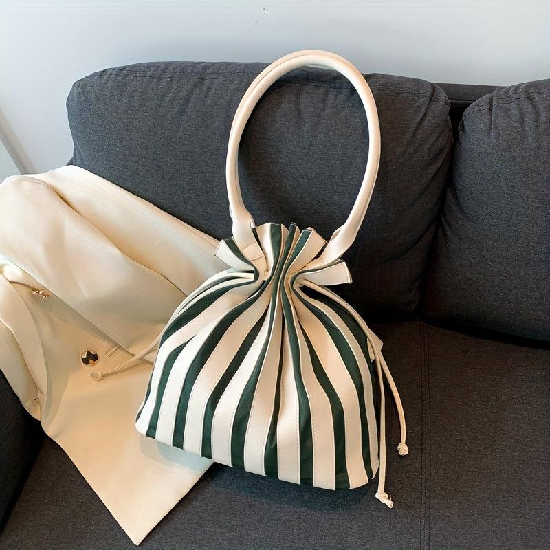 Striped Pattern Drawstring Bucket Bag Large Capacity Tote Bag