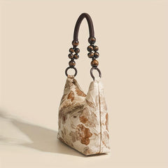 Floral Beads Handle Canvas Tote Bag Lightweight Shopping Shoulder Bag