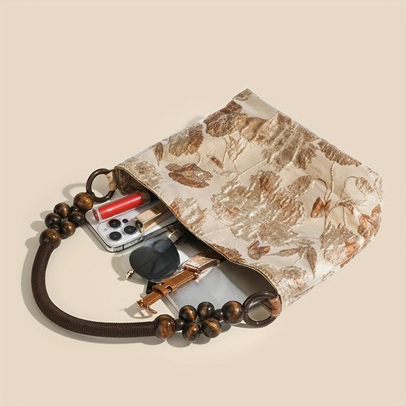 Floral Beads Handle Canvas Tote Bag Lightweight Shopping Shoulder Bag