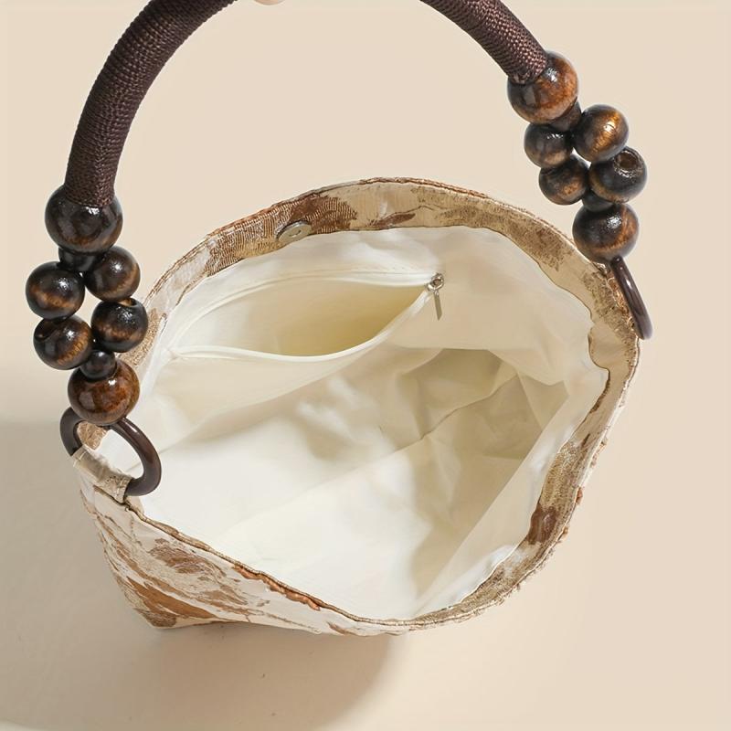Floral Beads Handle Canvas Tote Bag Lightweight Shopping Shoulder Bag