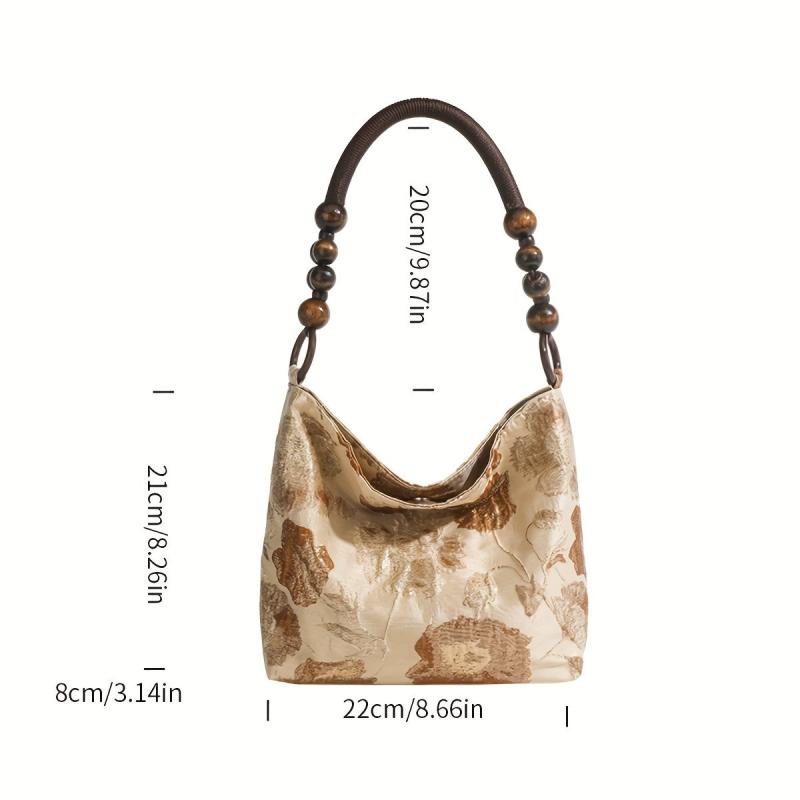 Floral Beads Handle Canvas Tote Bag Lightweight Shopping Shoulder Bag