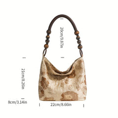 Floral Beads Handle Canvas Tote Bag Lightweight Shopping Shoulder Bag