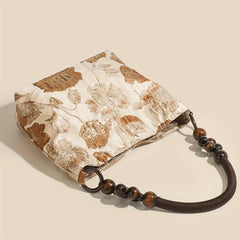 Floral Beads Handle Canvas Tote Bag Lightweight Shopping Shoulder Bag