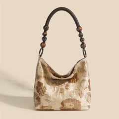 Floral Beads Handle Canvas Tote Bag Lightweight Shopping Shoulder Bag