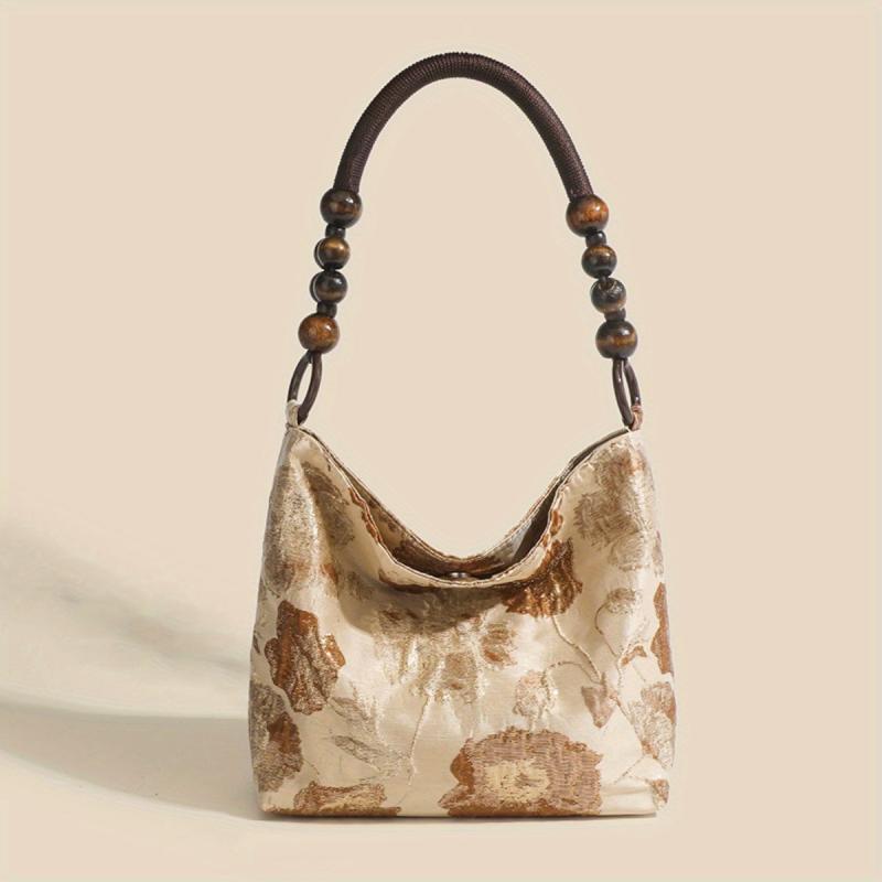Floral Beads Handle Canvas Tote Bag Lightweight Shopping Shoulder Bag