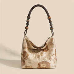 Floral Beads Handle Canvas Tote Bag Lightweight Shopping Shoulder Bag