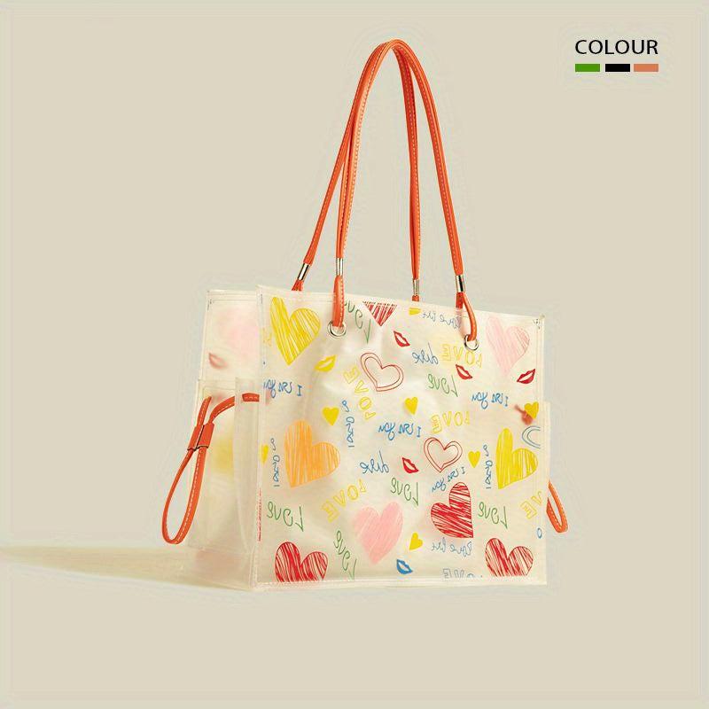 Graffiti Print Jelly Tote Bag Clear Handbag Large Capacity Shoulder Purse