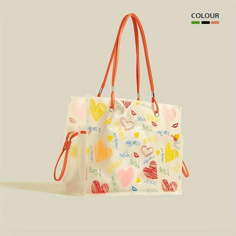 Graffiti Print Jelly Tote Bag Clear Handbag Large Capacity Shoulder Purse
