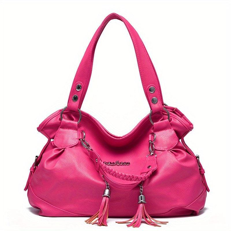 Tassel Decor Solid Shoulder Bag Large Capacity Zipper Durable Shopping Handbag