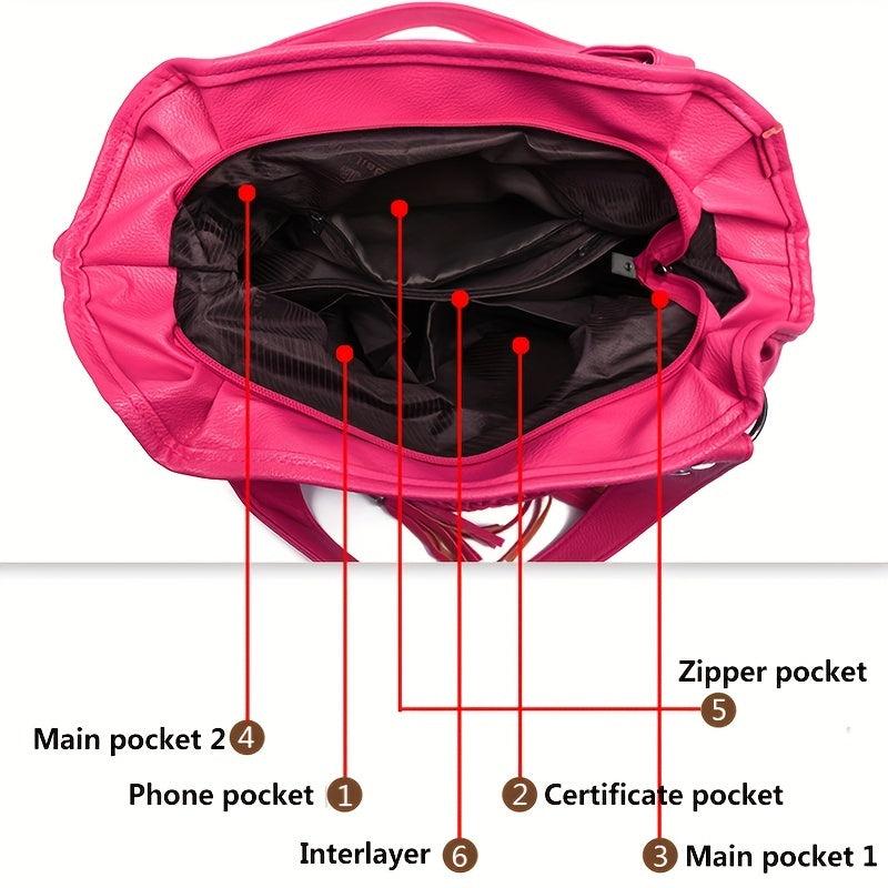 Tassel Decor Solid Shoulder Bag Large Capacity Zipper Durable Shopping Handbag