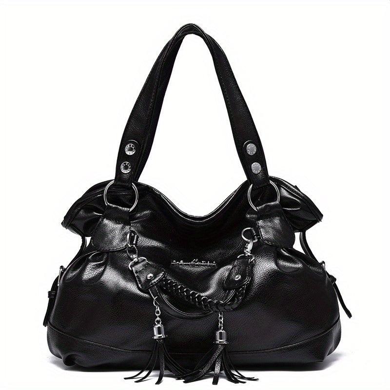 Tassel Decor Solid Shoulder Bag Large Capacity Zipper Durable Shopping Handbag