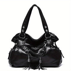 Tassel Decor Solid Shoulder Bag Large Capacity Zipper Durable Shopping Handbag