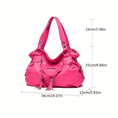 Tassel Decor Solid Shoulder Bag Large Capacity Zipper Durable Shopping Handbag