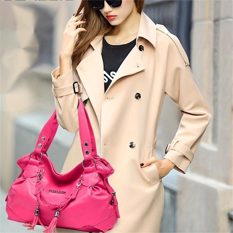Tassel Decor Solid Shoulder Bag Large Capacity Zipper Durable Shopping Handbag