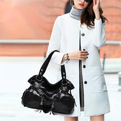 Tassel Decor Solid Shoulder Bag Large Capacity Zipper Durable Shopping Handbag