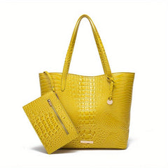 Crocodile Pattern Tote Bag with Clutch - Large Capacity Shoulder Bag