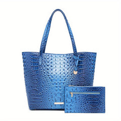 Crocodile Pattern Tote Bag with Clutch - Large Capacity Shoulder Bag