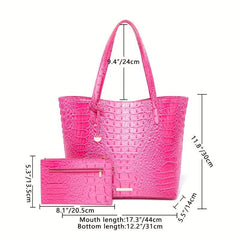 Crocodile Pattern Tote Bag with Clutch - Large Capacity Shoulder Bag