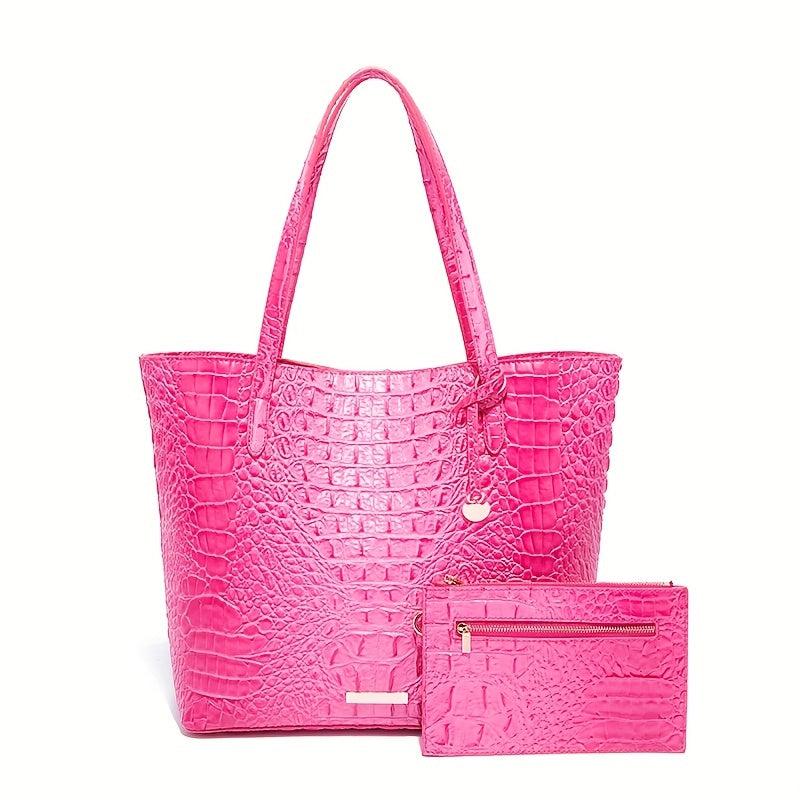 Crocodile Pattern Tote Bag with Clutch - Large Capacity Shoulder Bag