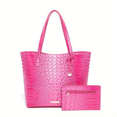Crocodile Pattern Tote Bag with Clutch - Large Capacity Shoulder Bag
