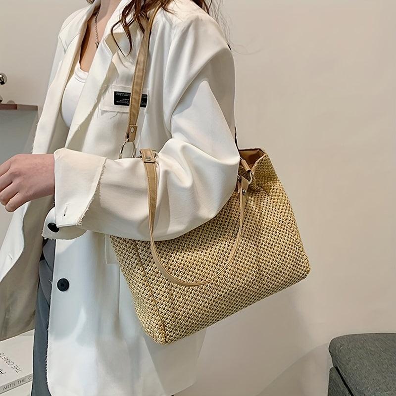 Minimalist Straw Shoulder Bag Woven Handbag For Work