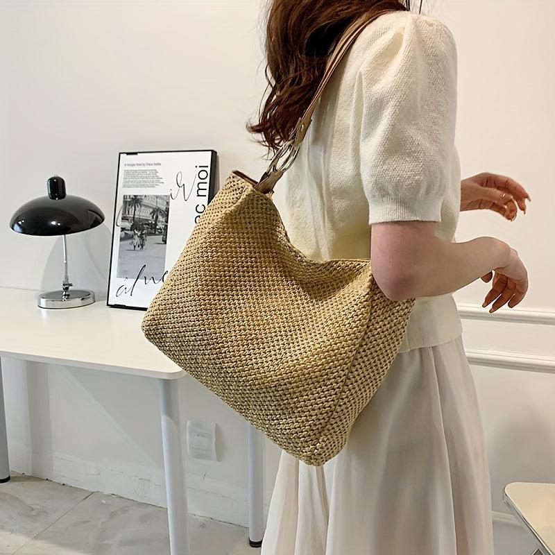 Minimalist Straw Shoulder Bag Woven Handbag For Work