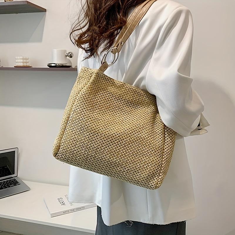 Minimalist Straw Shoulder Bag Woven Handbag For Work