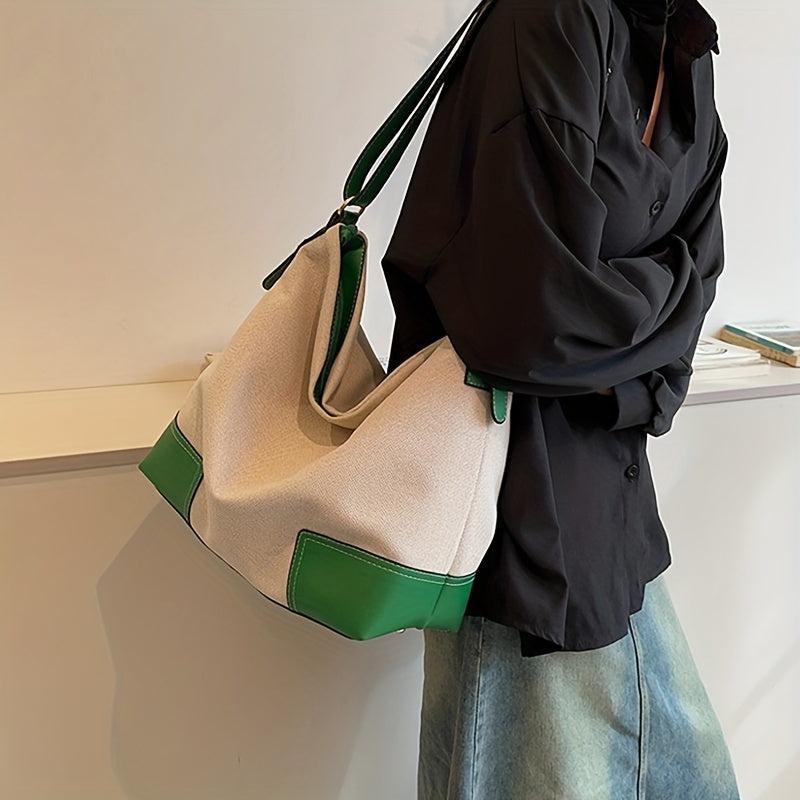 Two Tone Canvas Shoulder Bag Large Capacity Shopping Tote