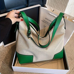 Two Tone Canvas Shoulder Bag Large Capacity Shopping Tote