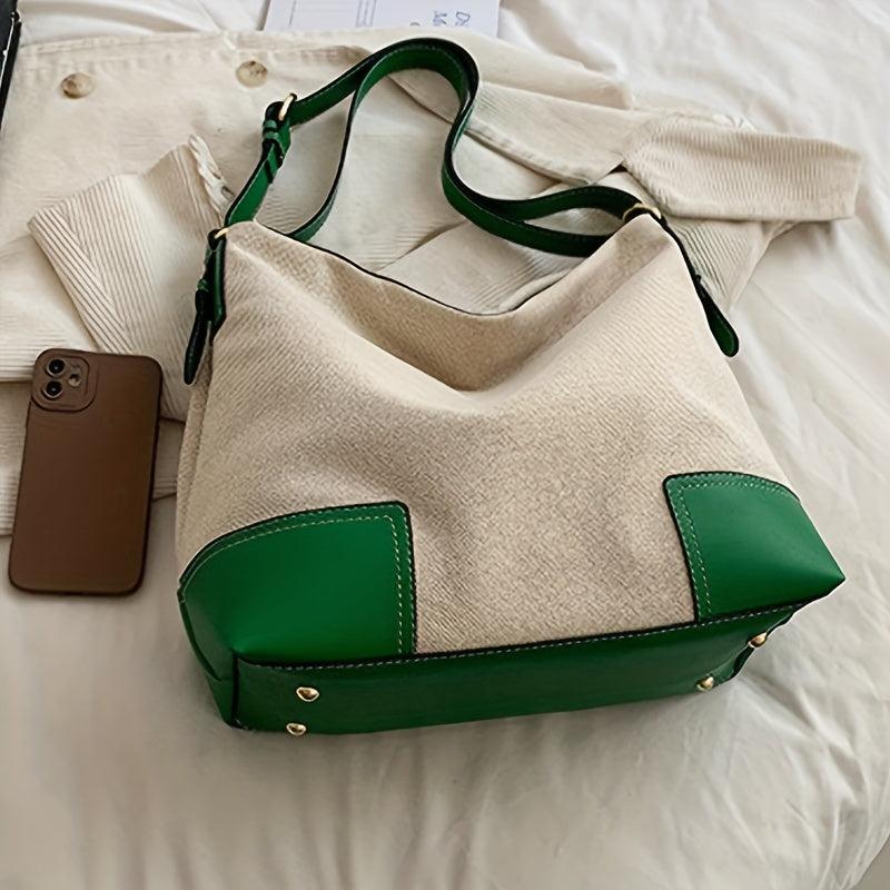 Two Tone Canvas Shoulder Bag Large Capacity Shopping Tote