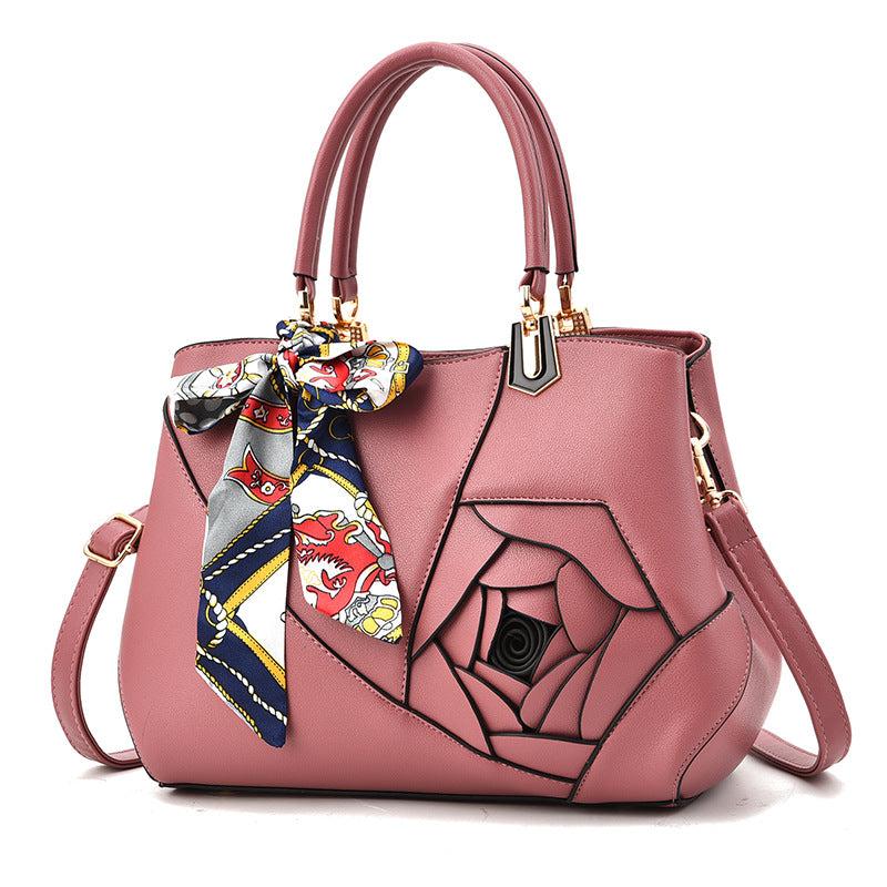 Flower Decor Tote Bag PU Leather Zipper Shoulder Bag With Random Scarf