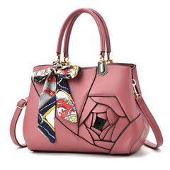 Flower Decor Tote Bag PU Leather Zipper Shoulder Bag With Random Scarf