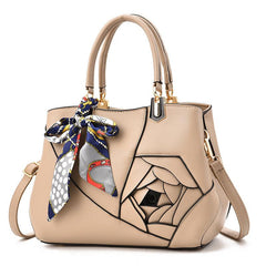 Flower Decor Tote Bag PU Leather Zipper Shoulder Bag With Random Scarf