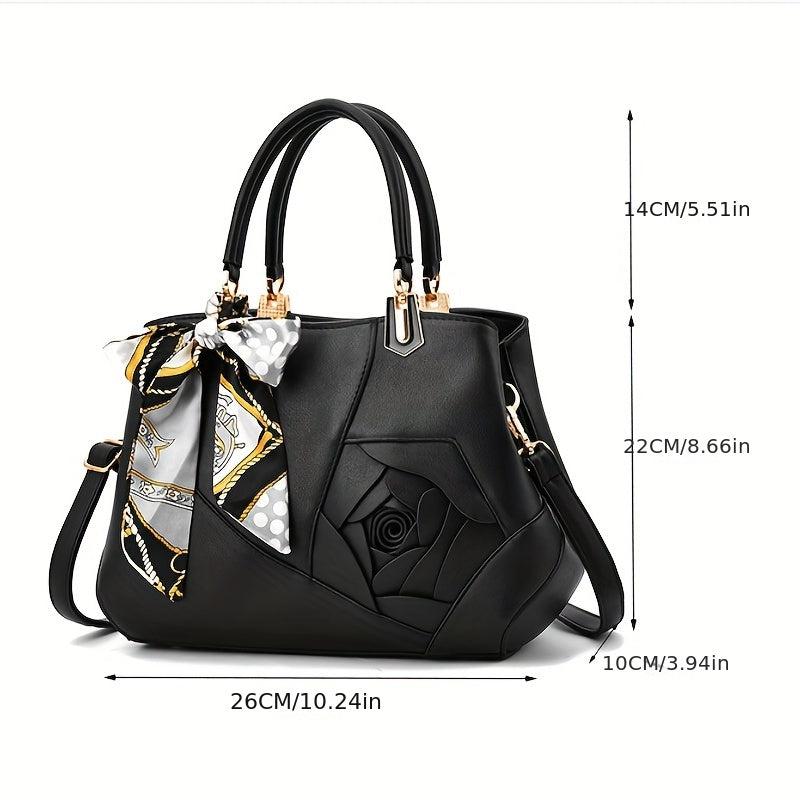 Flower Decor Tote Bag PU Leather Zipper Shoulder Bag With Random Scarf