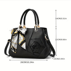 Flower Decor Tote Bag PU Leather Zipper Shoulder Bag With Random Scarf
