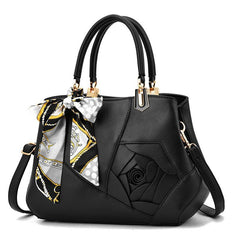 Flower Decor Tote Bag PU Leather Zipper Shoulder Bag With Random Scarf