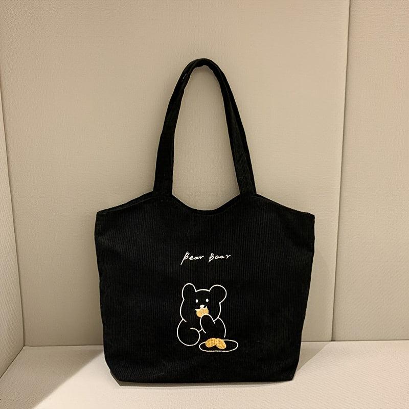 Bear Pattern Corduroy Tote Bag Women's Shoulder Bag