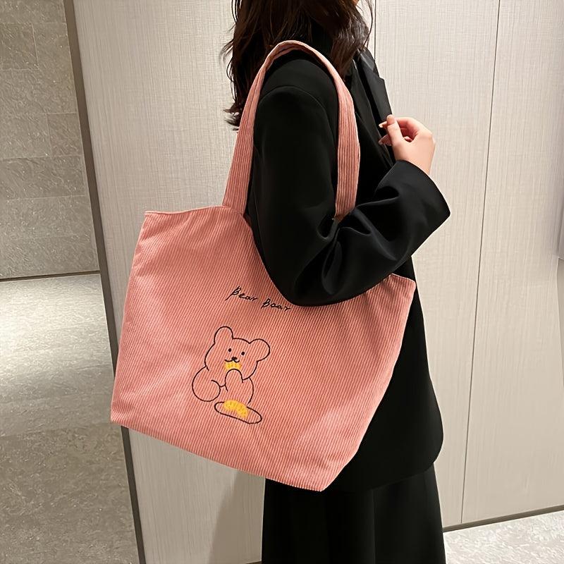 Bear Pattern Corduroy Tote Bag Women's Shoulder Bag