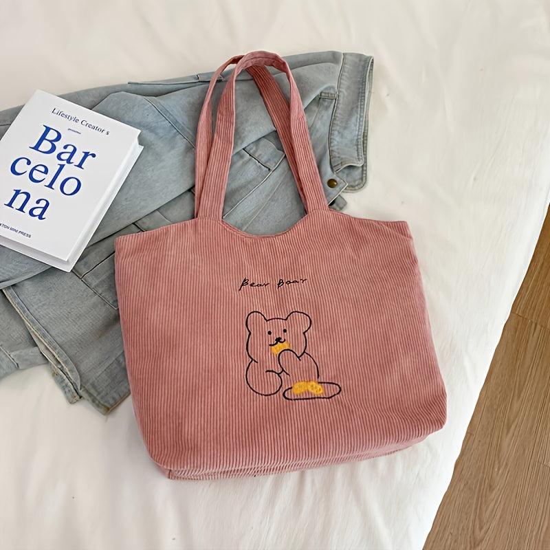 Bear Pattern Corduroy Tote Bag Women's Shoulder Bag