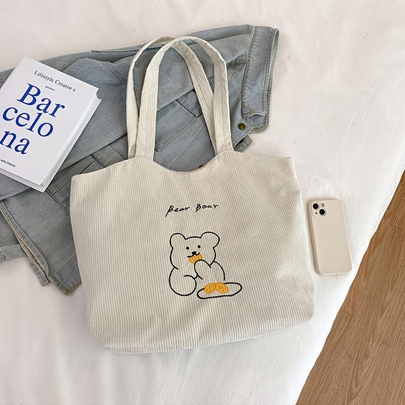 Bear Pattern Corduroy Tote Bag Women's Shoulder Bag