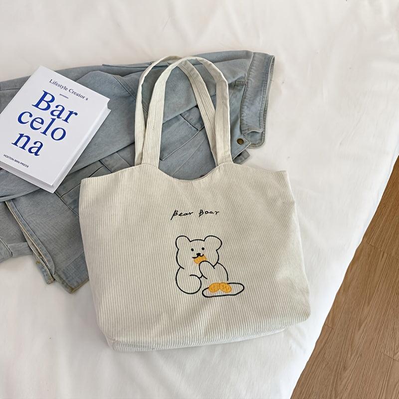 Bear Pattern Corduroy Tote Bag Women's Shoulder Bag