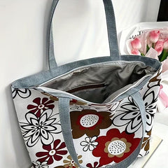 Floral Print Canvas Tote Bag Lightweight Shopping Bag Women's Large Shoulder Bag