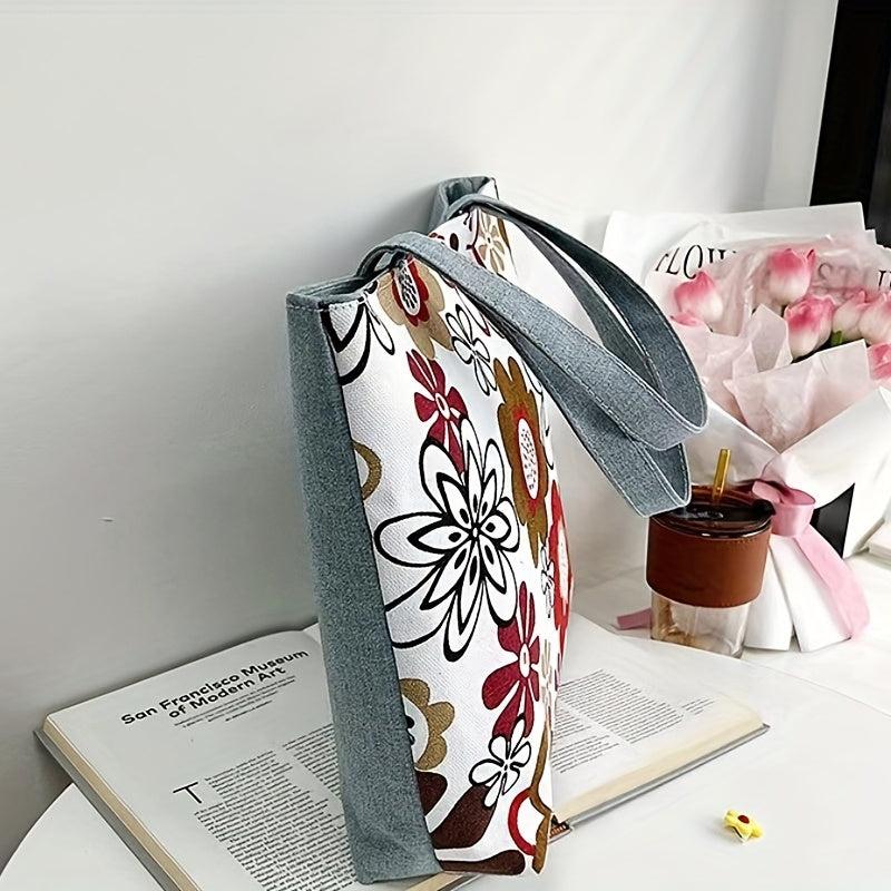 Floral Print Canvas Tote Bag Lightweight Shopping Bag Women's Large Shoulder Bag