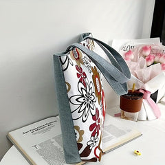 Floral Print Canvas Tote Bag Lightweight Shopping Bag Women's Large Shoulder Bag