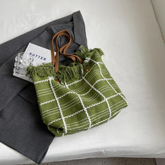 Plaid Pattern Canvas Tote Bag Gingham Shoulder Bag with Fringe Trim