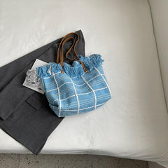 Plaid Pattern Canvas Tote Bag Gingham Shoulder Bag with Fringe Trim