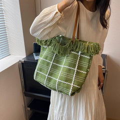 Plaid Pattern Canvas Tote Bag Gingham Shoulder Bag with Fringe Trim
