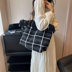 Plaid Pattern Canvas Tote Bag Gingham Shoulder Bag with Fringe Trim