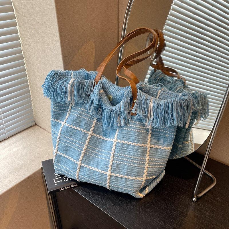 Plaid Pattern Canvas Tote Bag Gingham Shoulder Bag with Fringe Trim