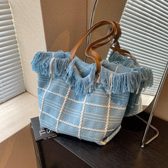Plaid Pattern Canvas Tote Bag Gingham Shoulder Bag with Fringe Trim